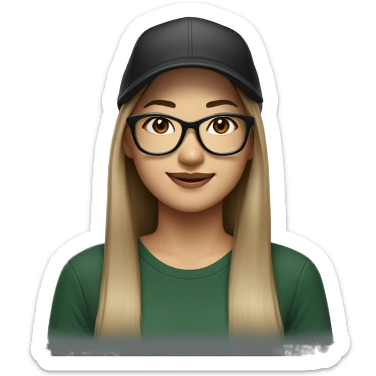 Hyper realistic, look from side, asian adult woman, light white skin, smiling with teeth, black eyes, spotted frame glasses, long light brown ombre straight hair, black T-shirt, dark green cap. sticker