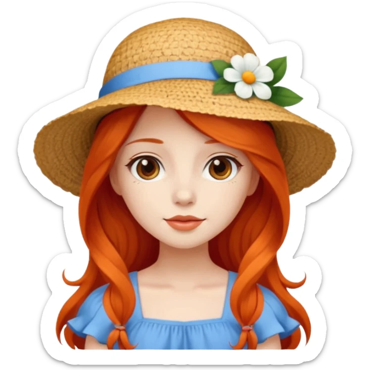 girl_wearing_summer_hat, white flower on hat, red orrange long hair, blue dress sticker