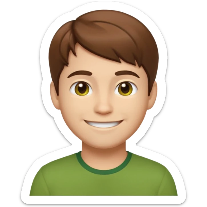 cheerful emoji character of MatPat, brown hair, green shirt, friendly expression sticker