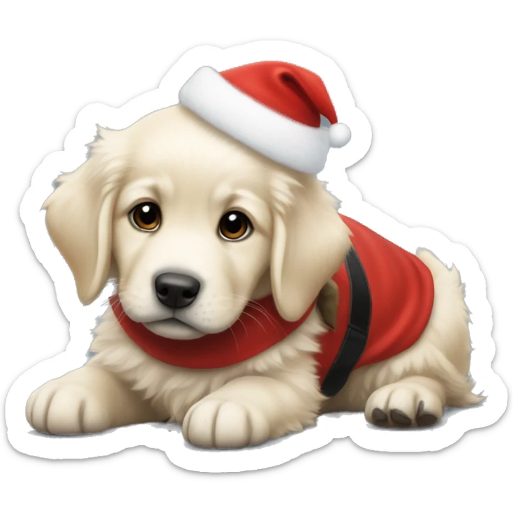 solid black fluffy puppy wearing red vest with white golden retriever puppy wearing a santa hat sticker