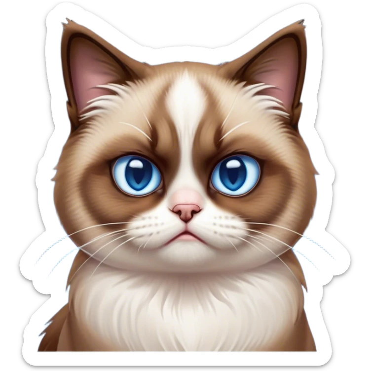 Cinematic Meme-Worthy Grumpy Snowshoe Cat Portrait Emoji, Head held high but eyes filled with dramatic disappointment, soft brown fur, white paws planted firmly in defiance, signature grumpy cat frown perfectly etched on its face, icy-blue eyes radiating pure disapproval, Simplified yet hilariously over-exaggerated features, highly detailed, glowing with an aura of supreme annoyance, high shine, exhausted yet judgmental, stylized with an almost regal pettiness, bright but brooding, soft glowing outline, capturing the essence of a feline that has seen it all and is thoroughly unimpressed, so meme-worthy it feels like it could instantly become the next viral sensation of grumpiness! sticker
