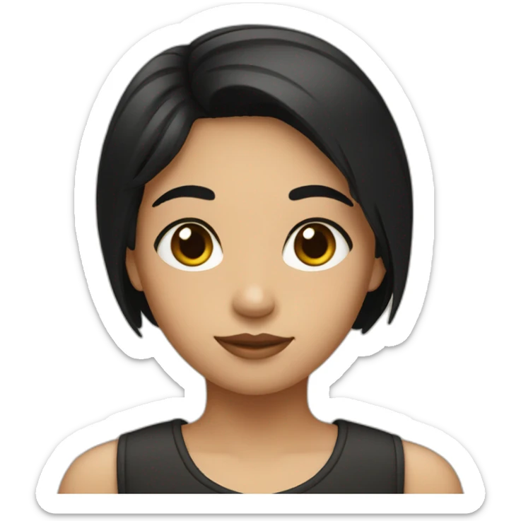 A girl with short black hair, wheat-coloured skin, wearing black  sticker