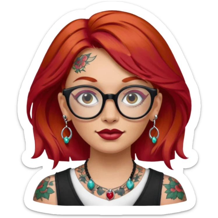 red hair woman with extra  big earring and face tattoed and wearing big glasses sticker