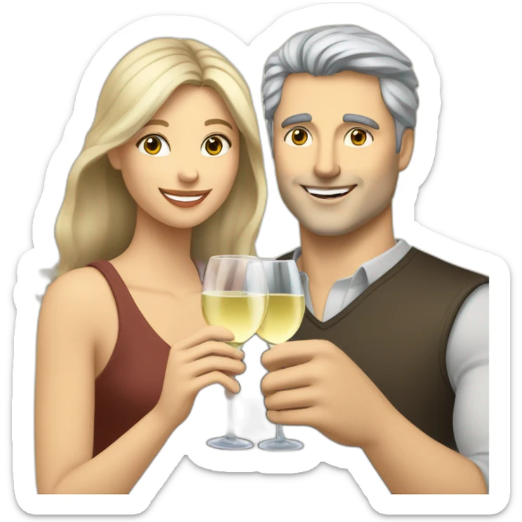 caucasian woman with brown eyes and blond medium long hair and a caucasian man with blue eyes and grey hair, toasting with a glass of white wine sticker