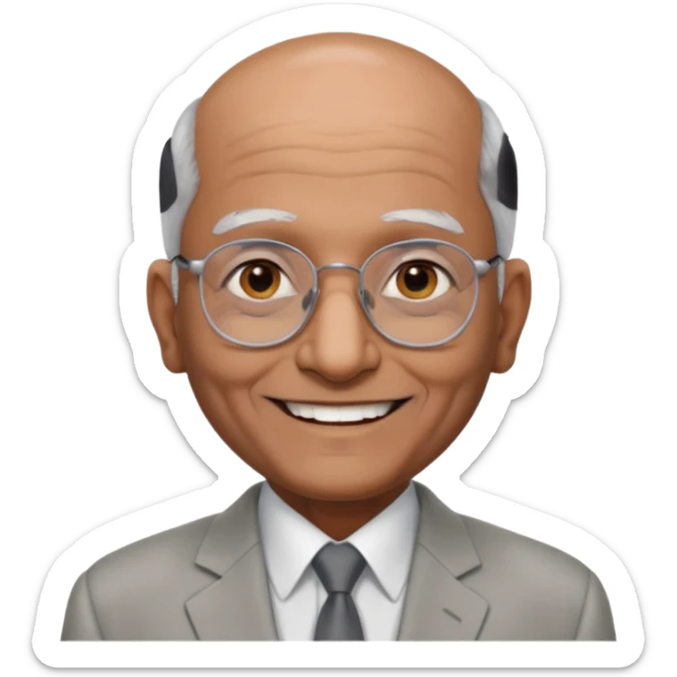 70 yr old indian man, almost bald, some white hair, light grey business suit, big smile, dark brown skin, no moustache, dark brown eyes, glasses
 sticker