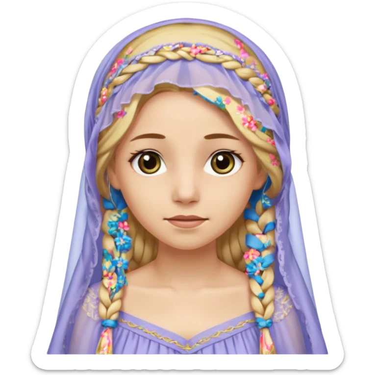 
mujer, Joven, de 25 aspecto dulce y elegante.
Piel clara, ojos grandes y expresivos, sonrisa triste.
Rubio o castaño claro, largo, con trenzas o velo.
Vestido largo cubriendole los zapatos, çde tonos suaves (blanco, azul o lavanda), con bordados dorados; toca fina cubriendo la cabeza. sticker