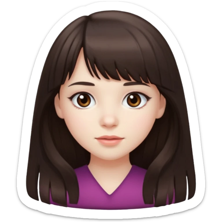 brunette girl with dark brown eyes, pale rosy skin, long hair and wispy bangs sticker