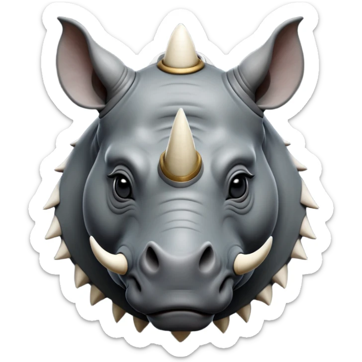 cinematic-noble--rhinoceros-portrait-emoji,slate-grey-hide--poised-and-regal,-with-a-massive,-powerful-build-and-a-thick, ivory horn, -deep-set-soulful-piercing-eyes,-simplified-yet-sharp-and-sophisticated-features,-highly-detailed,-large-black-eyes, zoomed out showing shoulders sticker