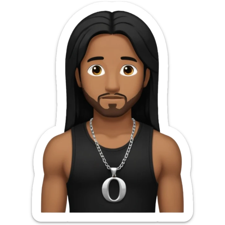 Omarion medium dark skin, long black hair, black tank top with necklace with letter o sticker