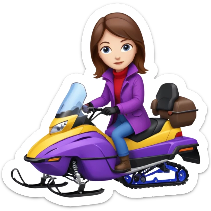Brown hair, blue eyes, Woman wearing red coat  on purple and yellow snowmobile sticker