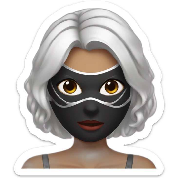 A woman with white hair and cat ears and a black mask around her eyes has white skin and a black spiderman mask on her face. sticker