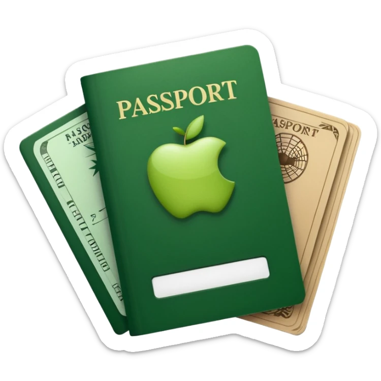 passport and airplane tickets, Apple emoji style, colors #173e12 and #c1a793, no text sticker