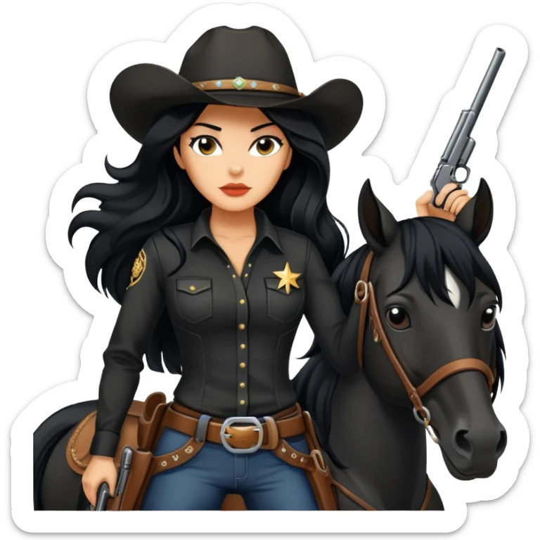 confident hot tanned woman with long black hair cowgirl style wearing black outfit with gun and horse sticker