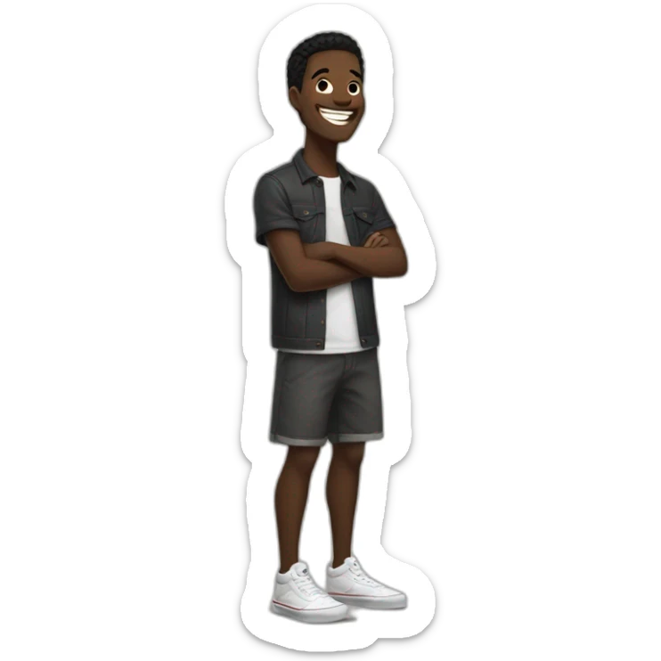 dark-skinned man, with black hair and brown eyes, dressed in a skater style dress of the brand vans laughing sticker