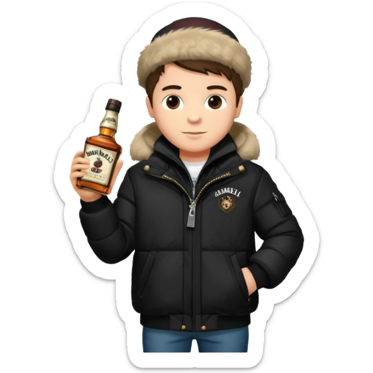 Junge mit Sturmhaube in der Rechten hand eine jacky flasche und schwarze winterjacke mit fell an der mütze 2 meter gross sticker