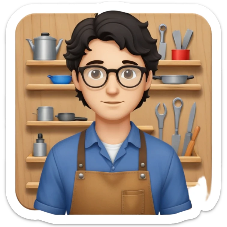 Young caucasian man with black wavy hair, round glasses, brown carpentry apron over a shirt, woodworker sticker