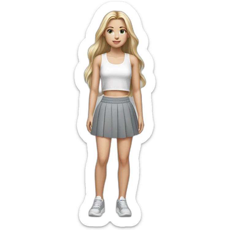 hyperrealist caucasian girl, long straight blonde hair, white sheer laced crop tanktop, grey micro skirt, grey and white sneakers sticker