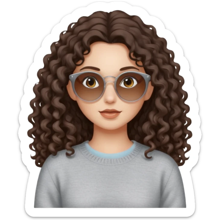 aesthetic white girl with dark brown, long curly hair, she wears a light grey sweater top and round brown sun glasses sticker
