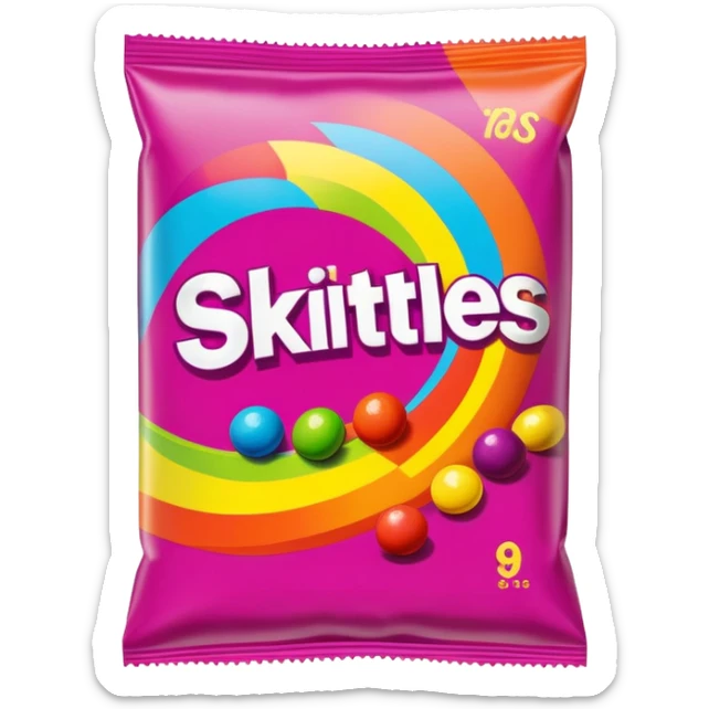 A vintage 90s Skittles package with neon accents, radical 90s American style, old school logo, bright and colorful sticker