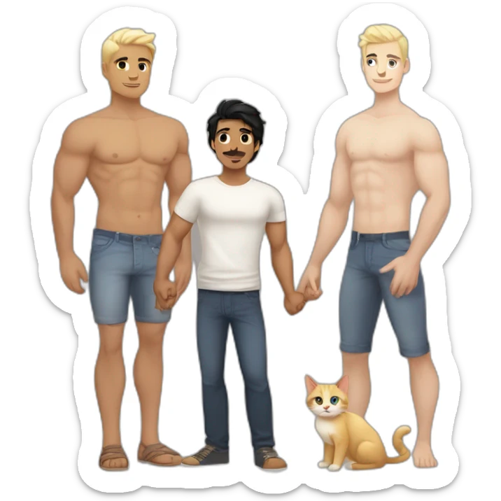 Gay couple, 1 Latino male heritage taller black hair a bit muscled, the other one white Australian male blonde hair holding hands with a cat in the middle of them. Full body sticker