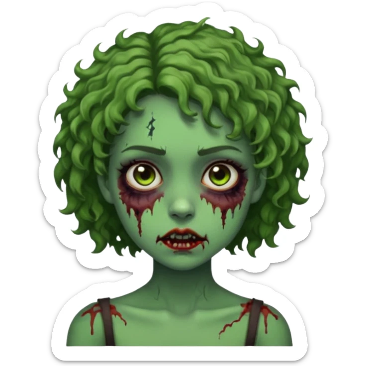 Garota, cabelos cacheados curtos na medida dos ombros, pele verde, olhos castanhos escuros, machucados pelo corpo, remetendo a um zumbi sticker