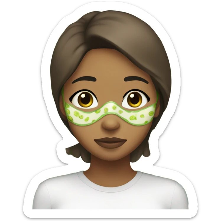 Girl with freackles Brown hair and white skin wears skin care mask Thats Green and pickle on her closed eyes sticker