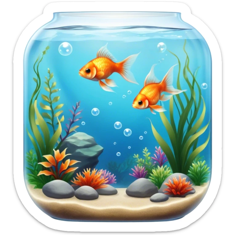 Large aquarium fish like veil tails and lionhead goldfish swimming gracefully in a beautifully decorated aquarium. Colorful aquatic plants, smooth rocks, and gentle bubbles surround the fish. The water shimmers in sunlight, creating a peaceful and vibrant underwater scene. Transparent background. sticker