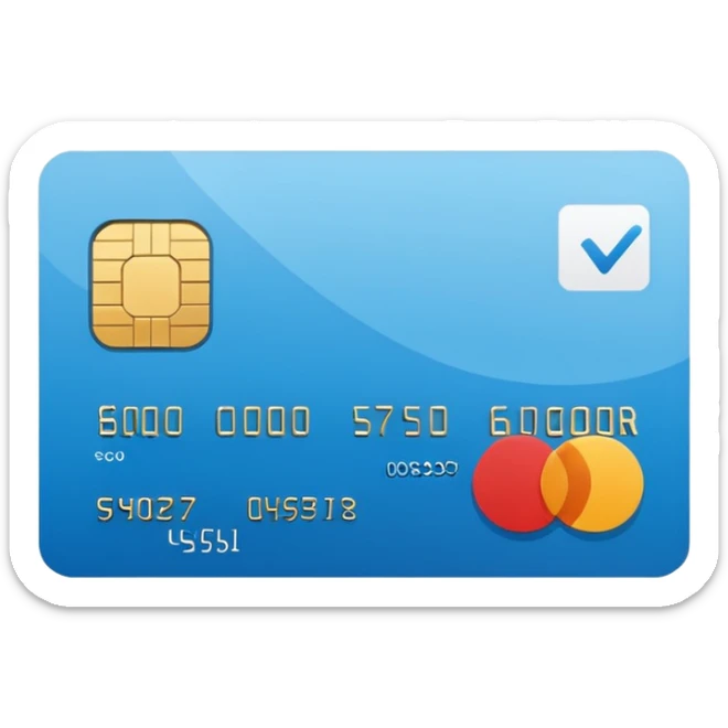 Apple style emoji of a credit card with a check mark, minimalistic, clean design, flat colors sticker