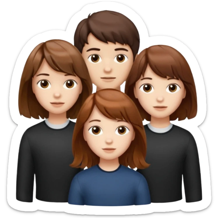 Two girls and a boy. Girl one has long, wavy, light to reddish-brown hair with bangs. Girl two has a dark-colored bob haircut. The boy has wavy, tousled, light to reddish-brown hair with a right side parting.
 sticker