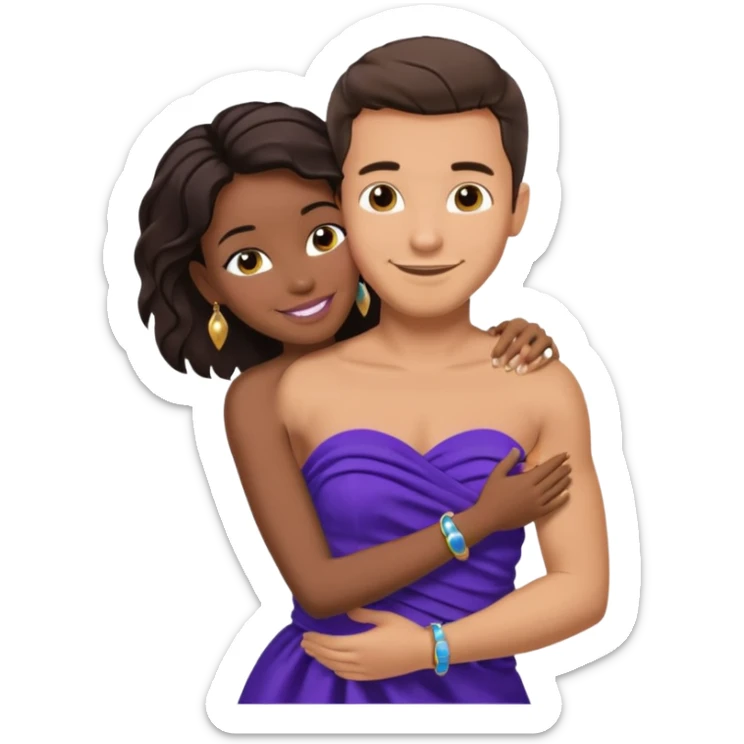 Tan brunette European male in blue shirt smiling and hugging a jet black African girl in purple strapless dress and blue jewelry sticker