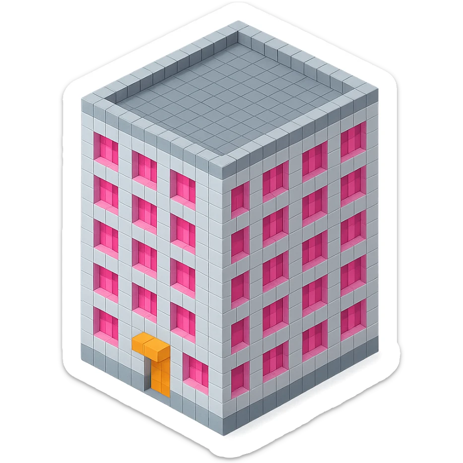 Russian panel apartment building, square block, light gray, pink windows, isometric view sticker
