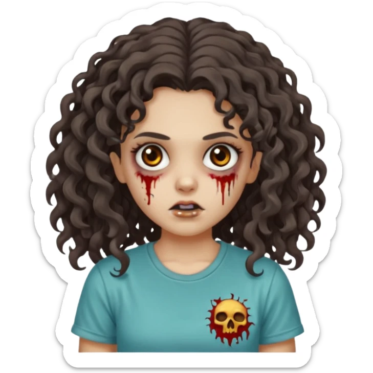 zombie girl with curly hair n brown eyes, dark and long hair 3a with wavy scalp, just a tshirt sticker
