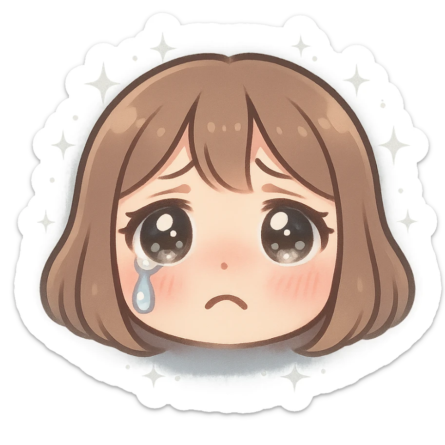 crying anime girl emoji, glossy eyes, one tear, pink cheeks, pastel blue-gray background with sparkles, soft, emotional, sensitive style sticker