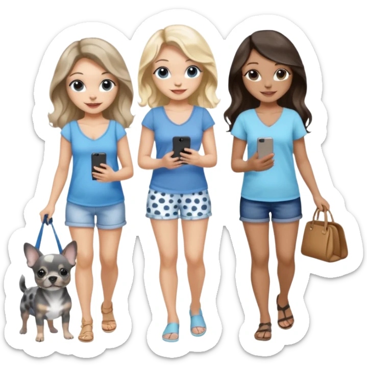 Three pretty women in cute summer clothes walking a blue and gray spotted Merle Frenchie, black and tan chihuahua puppy, holding iPhone, hazel eyed light skin with dark blonde long hair and light skin hazel eyed long wavy dark hair, blue eyed light skin long blonde hair  sticker