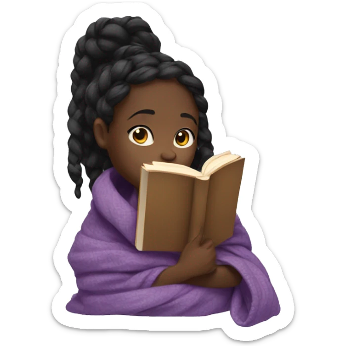 A black girl with braids wrapped in a blanket reading a book  sticker