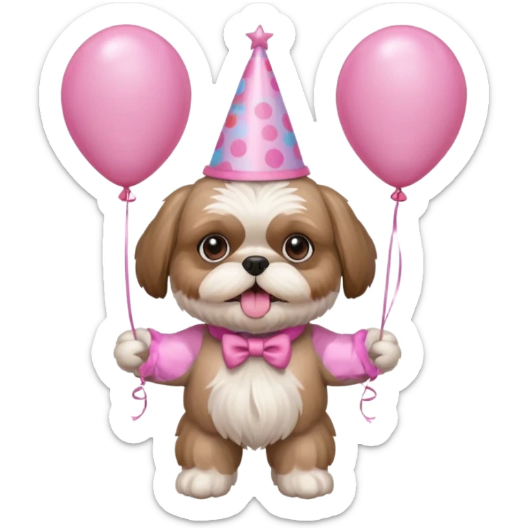 cute shih tzu hold a few pink balloons  in both arms with pink birthday hat sticker
