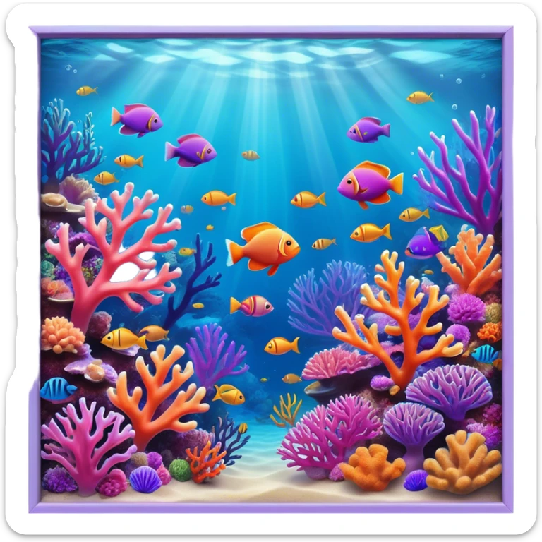 Cinematic Realistic Coral Reef Emoji in a wooden frame, Vibrant and alive, with colorful corals in hues of pink, purple, and orange, swaying gently with the underwater currents. Schools of tropical fish dart between the coral, with soft rays of sunlight piercing through the clear blue water above, creating a magical, serene underwater world. Soft glowing outline, capturing the essence of the bustling, colorful, and peaceful aquatic paradise. sticker