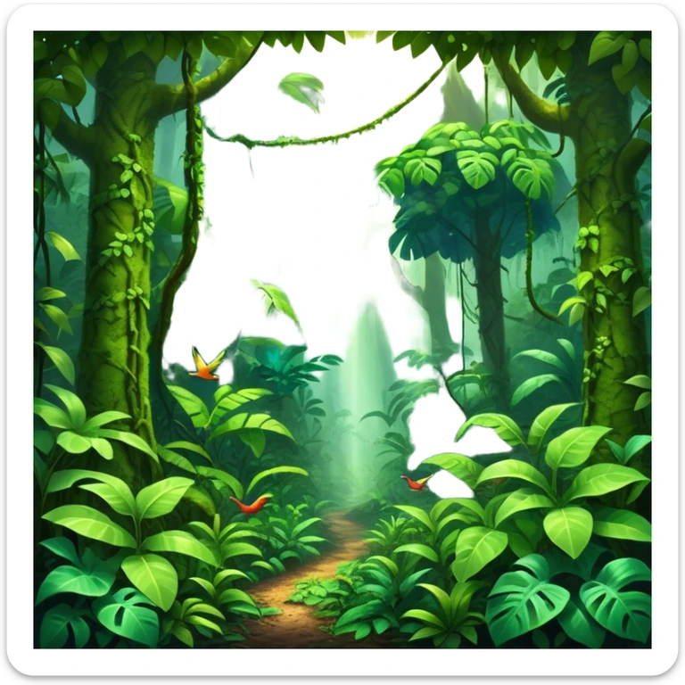 Cinematic Realistic Rainforest Emoji in a wooden frame, Lush and vibrant, filled with towering trees, thick vines, and dense green foliage, sunlight filtering through the canopy above, creating dappled patches of light on the rich, diverse undergrowth. The air is heavy with moisture, with mist rising from the forest floor and distant calls of exotic birds and animals echoing through the trees. Soft glowing outline, capturing the essence of a thriving, untamed tropical paradise filled with life! sticker