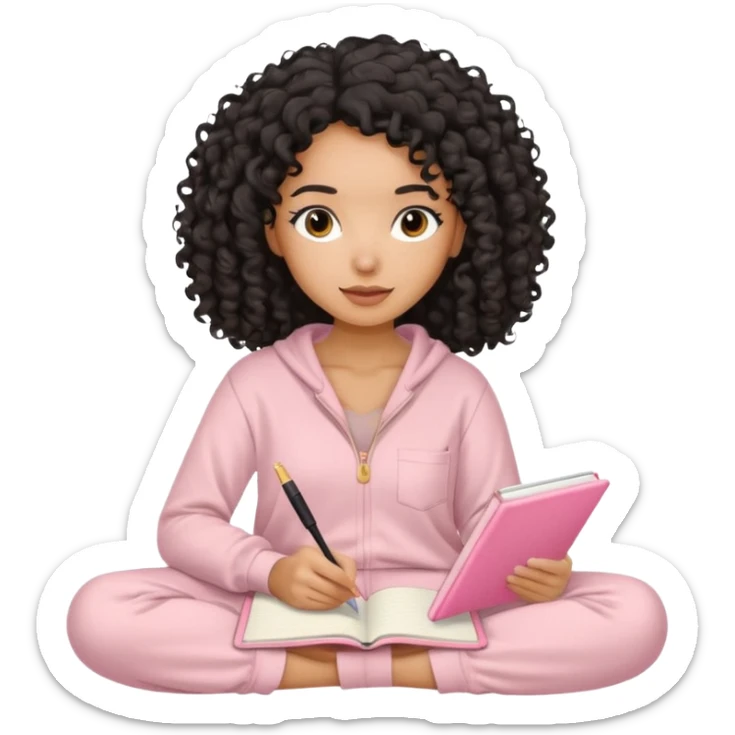 Mixed-race woman with caramel skin, black curly hair loose, wearing beige loungewear, journaling in a pastel pink notebook sticker