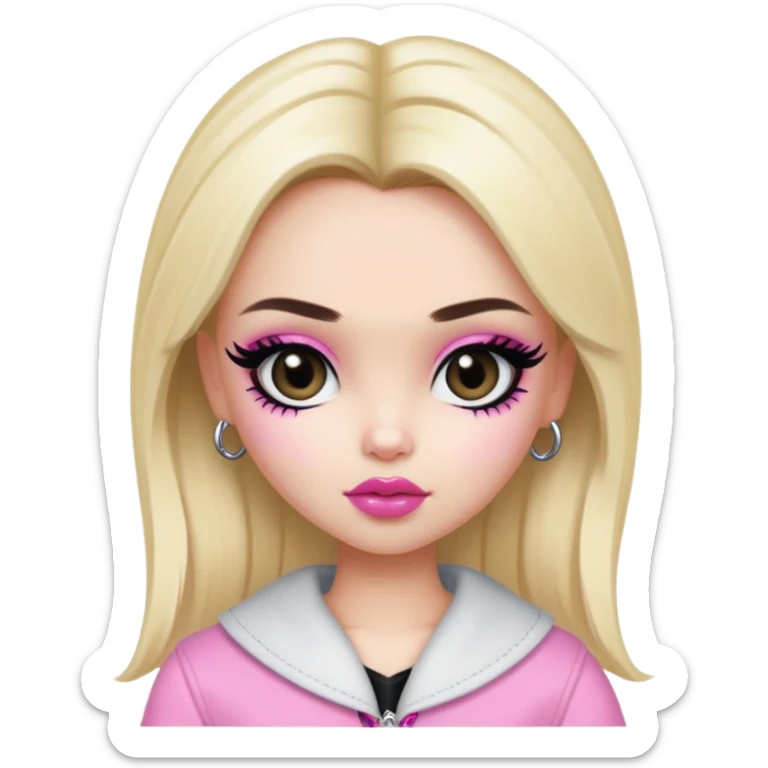 pretty bratz girl, blonde hair, dark brown eyes, pink lips, black eyeliner, pale skin, y2k clothes sticker
