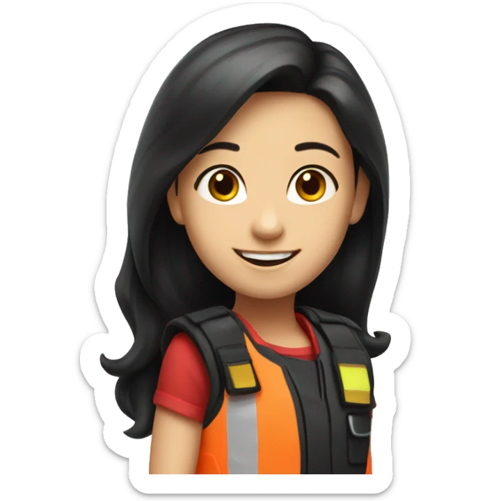 smiling girl with long black hair in red safety vest sticker