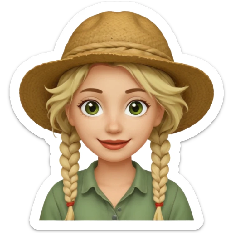messy green clay mask and red tourist hat blond braided woman big eyes smiling and clay mask sticker