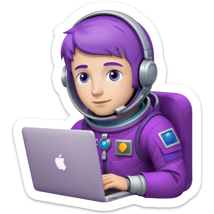 30yr dude astronaut with purple suit, blue eyes, short purple hair and one macbook sticker