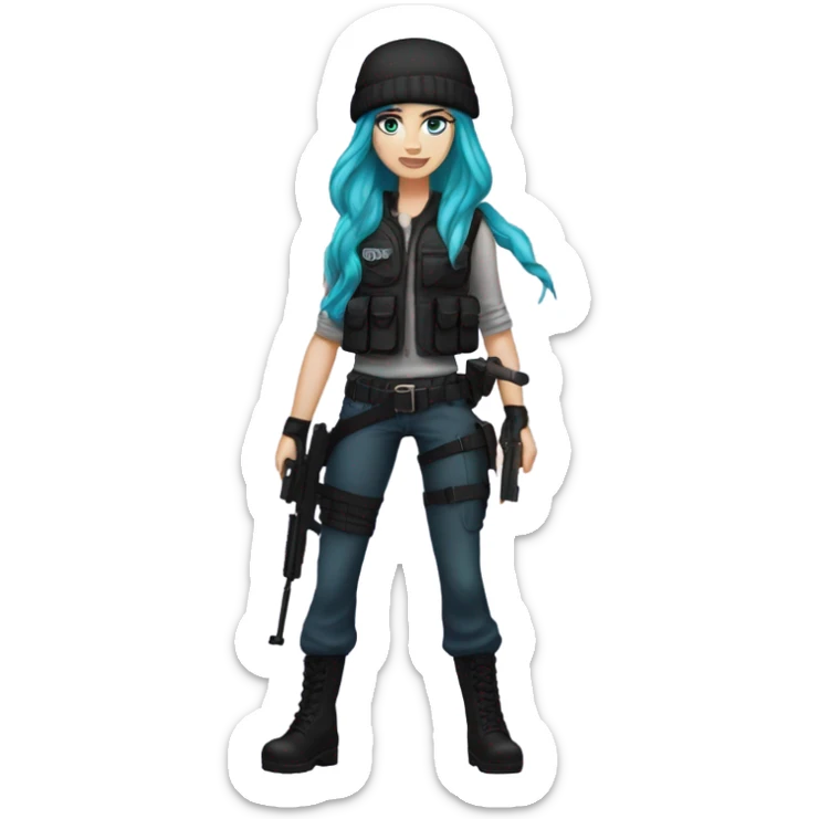 Girl, white skin, tactical vest, dark pants, long teal hair, blue eyes, black purple beanie hat, gun, black combat boots sticker