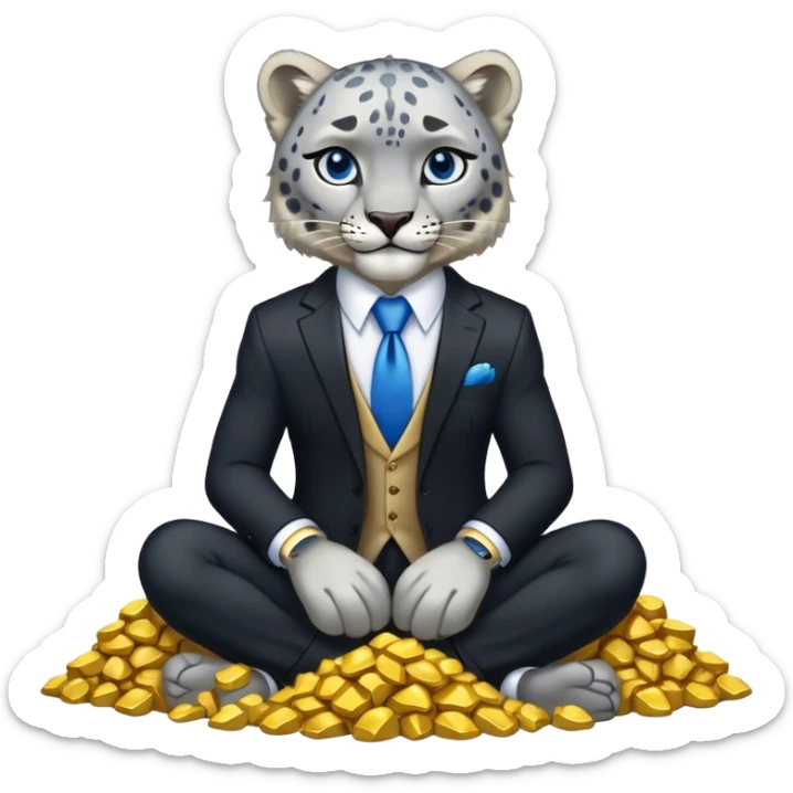 muscular snow leopard in black suit with blue tie sitting on pile of gold nuggets sticker