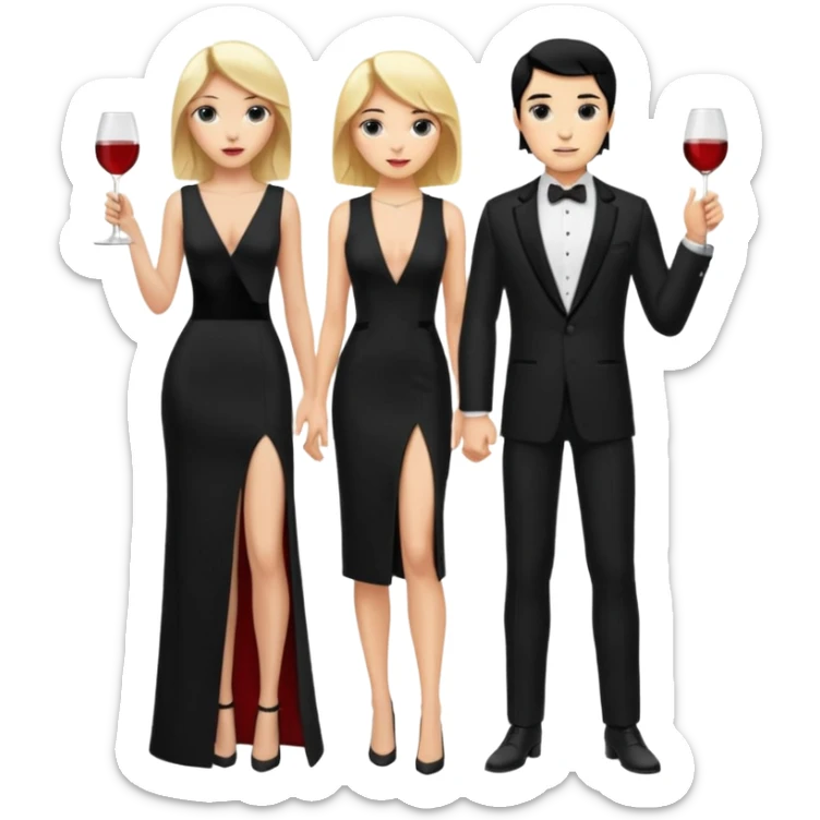 Blonde woman, black, Long, tight, sleveless Dress, Slot left Leg, man, black Hair, in Dinner jacket sticker