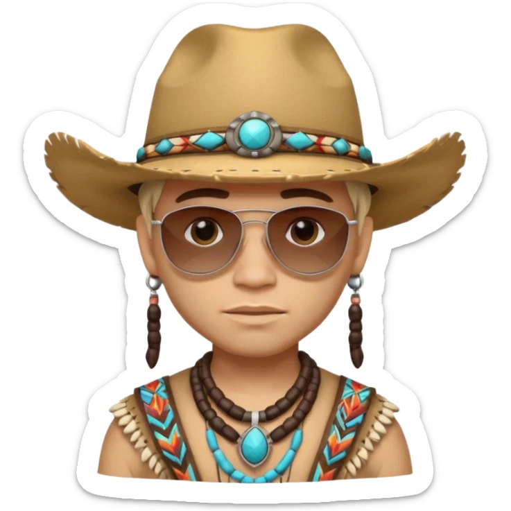 cute Indigenous tribal male portrait, head and shoulders only, cowboy hat, sunglasses, tribal jewelry, confident expression, 3D cartoon, mobile game icon style, clean background, no text, no watermark
 sticker