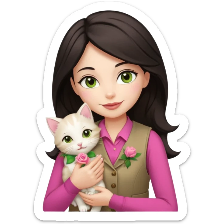 Make me an iphone avatar sticker of a woman with slightly brown black wavelength hair, dark brown eyes, slightly yellow white skin, pink lips, brown clothes and cream vest with a rose flower motif who is smiling and hugging a white kitten with green eyes. sticker