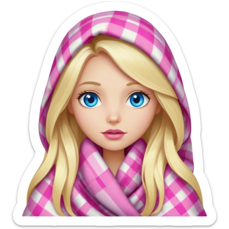 A beautiful blonde girl with long hair, blue eyes, pink lips is wrapped in a plaid with her head sticker