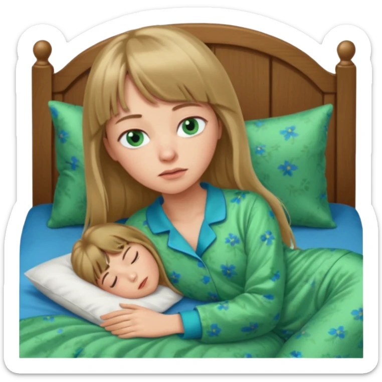 Woman with long dark blond hair and bang, blue eyes sleepy in bed  with green pyjama sticker
